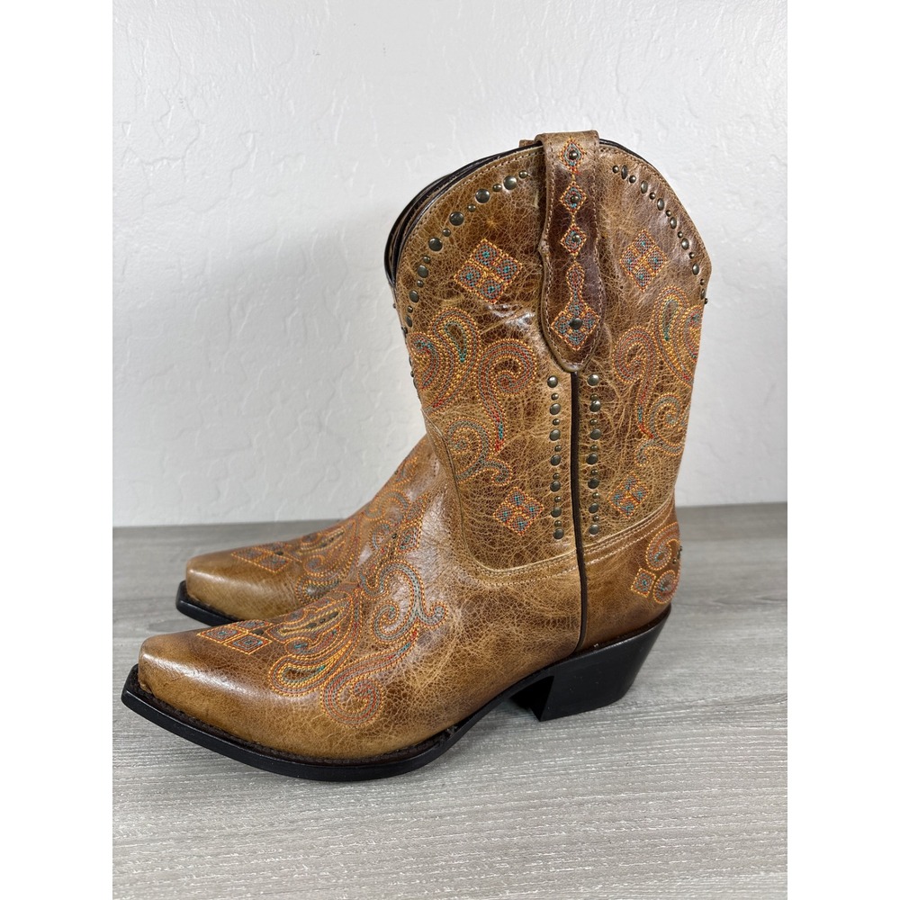 Black Star Women's CellSole Studded Tan Leather Western Boots Snip Toe Size 7.5B